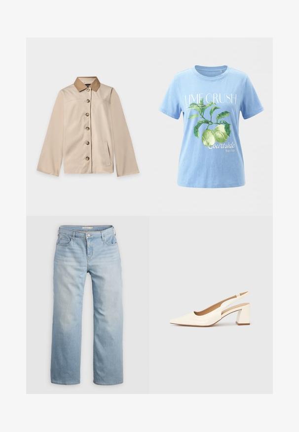 Beige jas met bruine kraag, zes knopen aan de voorkant, lange mouwen en één verticale zijzak op een effen lichte achtergrond.; Lichtblauw T-shirt met groene limoenen en bladeren, tekst "LIME CRUSH," en kleingedrukte tekst over limoenen en courtside fruitclub.; Lichtblauwe wijde jeans van denim. Heeft een hoge taille, vijf zakken en contrasterende stiksels. Gladde textuur met een vervaagde afwerking.; Slingback pump van glanzend crèmekleurig lakleer, met een spitse neus en een stevige blokhak voor stabiliteit. Minimalistisch ontwerp, zonder versieringen.
