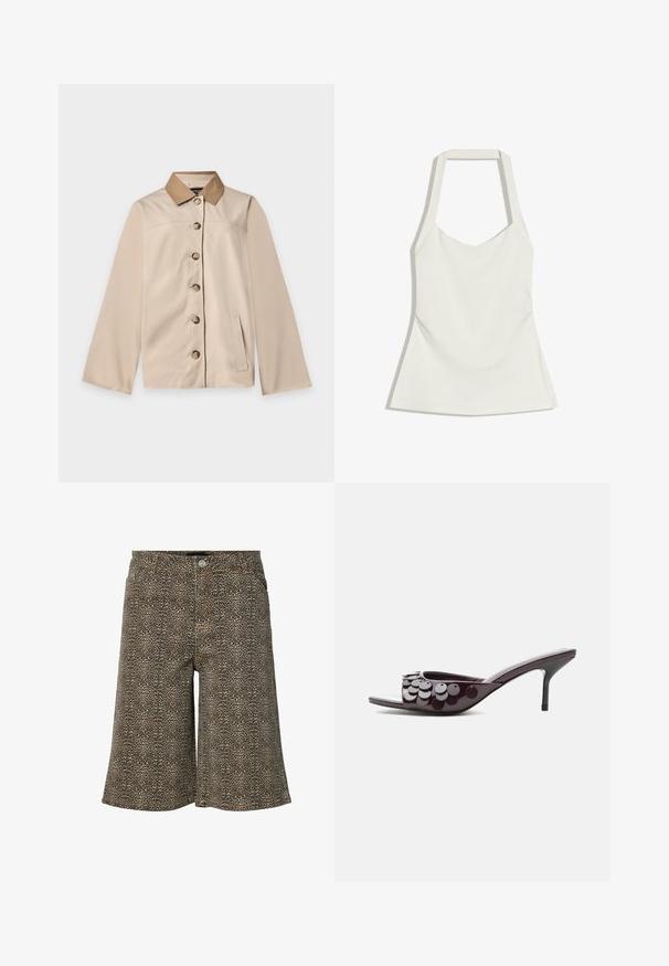 Veste beige avec col marron, six boutons sur le devant, manches longues et une poche latérale verticale sur un fond clair uni.; Haut blanc à col licou avec un corsage ajusté et une légère évasement à la taille, réalisé dans un tissu lisse.; Short en denim imprimé léopard marron et noir avec fermeture à boutons sur le devant et passants de ceinture, longueur genou.; Mule à bout ouvert violet foncé avec talon aiguille de hauteur moyenne et ornements circulaires en sequins sur la bride supérieure.