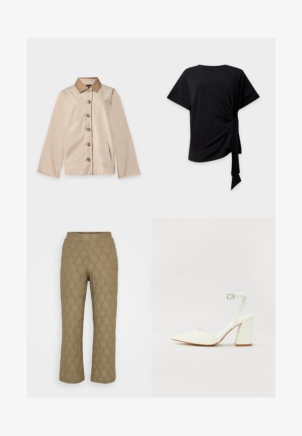 Beige Jacke mit braunem Kragen, sechs vorderen Knöpfen, langen Ärmeln und einer vertikalen Seitentasche auf einem einfarbigen hellen Hintergrund.; Schwarzes kurzärmliges Oberteil mit rundem Ausschnitt und seitlichem Knoten, der einen gerafften Stoff und eine hängende Schleife auf hellem Hintergrund erzeugt.; Khakihosen mit einem strukturierten Rautenmuster und kleinen Ausschnitten. Verfügt über einen breiten elastischen Bund und ein gerades Bein-Design.; Weißer sandal mit Absatz und spitzem Zehenbereich, verstellbarem Knöchelriemen und chunky quadratischem Absatz. Glatte Textur mit minimalen Nähdetails.