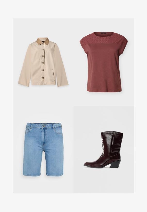 Beige Jacke mit braunem Kragen, sechs vorderen Knöpfen, langen Ärmeln und einer vertikalen Seitentasche auf einem einfarbigen hellen Hintergrund.; Kurzärmeliges mauvefarbenes Oberteil mit besticktem Spitzenmuster mit Blumenmotiv über der oberen Brust und den Schultern, Rundhalsausschnitt, lockere Passform.; Helles blaues Denim-Shorts mit klassischem Schnitt, ausgestattet mit einem vorderen Knopfverschluss, Gürtelschlaufen und zwei Seitentaschen. Glatte Textur und gerader Saum.; Bordeauxfarbene Leder-Stiefeletten mit spitzem Schnitt, strukturierten Oberflächen und einem schmalen, niedrigen Absatz. Verfügen über dezente Nähte und einen engen Sitz.