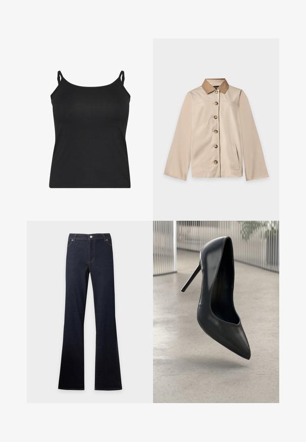 Veste beige avec col marron, six boutons sur le devant, manches longues et une poche latérale verticale sur un fond clair uni.; Camisole noire avec de fines bretelles réglables, fabriquée en tissu lisse, dotée d'un design simple sans manches et d'un ourlet droit.; Jean en denim bleu foncé avec une taille haute et des jambes évasées, avec poches avant, bouton et fermeture éclair.; Escarpin noir en cuir verni à talons hauts avec bout pointu, au design élégant et sans hardware visible. Texture lisse et style minimaliste.