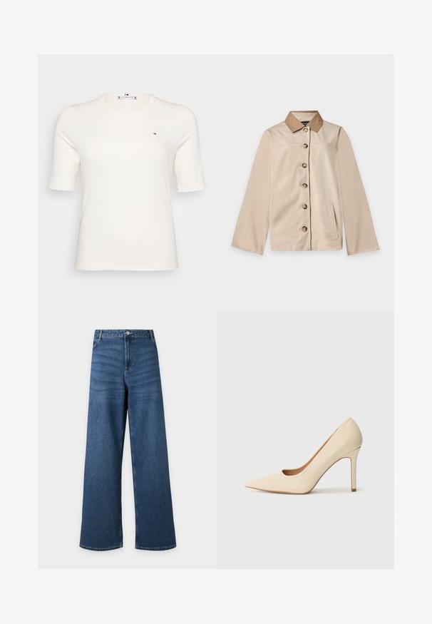 Veste beige avec col marron, six boutons sur le devant, manches longues et une poche latérale verticale sur un fond clair uni.; T-shirt côtelé à manches courtes, de couleur crème, avec un petit logo sur la poitrine gauche. Design décontracté et ajusté, convenant à diverses occasions.; Jean denim bleu à jambes larges avec fermeture avant par boutons et fermeture éclair, poches avant et passants de ceinture, présenté à plat sur un fond clair.; Escarpin en cuir beige à talon haut avec un bout pointu et un détail découpé sur le côté, possédant un talon stiletto fin pour le soutien.