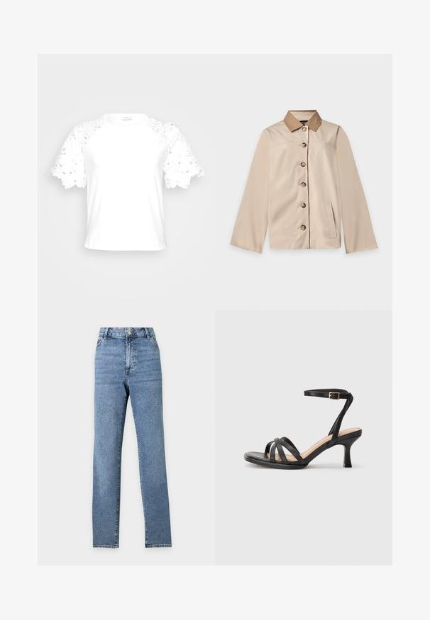Beige jakke med brun krave, seks knapper foran, lange ærmer og en lodret sidelomme på en ensfarvet lys baggrund.; Hvid t-shirt med dekorative blonderærmer, der har et enkelt, rent design og rund hals.; Blå jeans med høj talje og lige ben, med to forreste knapper og lommer, vist mod en ensfarvet lys baggrund.; Sorte høje hæle sandaler med flere tynde stropper over tæerne, en enkelt ankelstrop med en gylden spænde og en firkantet tå.