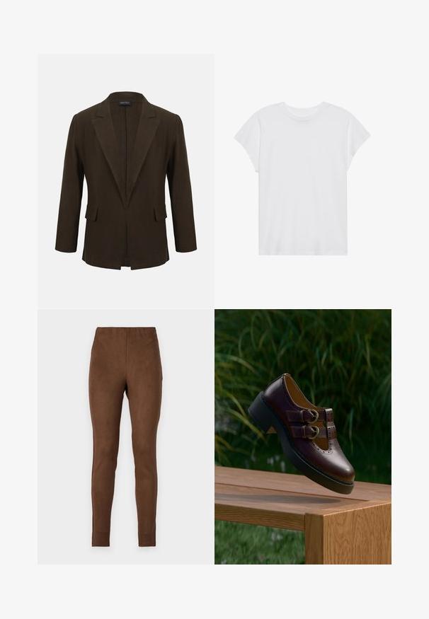 Mørkebrun enkeltknappet blazer med hakkede revers, klaplommer og trekvartlange ærmer, vist på en enkel hvid baggrund.; Hvid kortærmet t-shirt med rund hals, afslappet pasform, lavet af blødt bomuldsstof. Glat tekstur, ingen mønstre eller logoer.; Brune leggings lavet af et blødt, sued-lignende materiale; tætsiddende design, glat tekstur og elastisk talje for komfort.; Mørkebrune lædersko med dobbelt rem, perforerede detaljer og tyk sort sål, hængende over et træbord udendørs.
