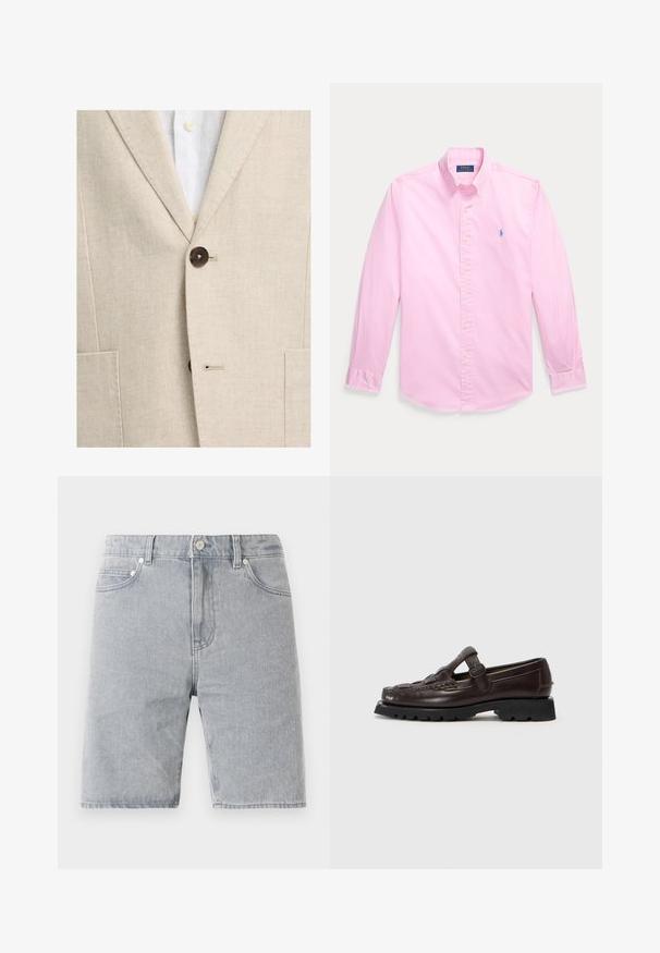 Beiger Fischgräten-Blazer, zugeknöpft über einem weißen Hemd mit sichtbaren cremefarbenen Knöpfen und Revers mit Kerbe.; Hellrosa langärmliges Hemd mit Knopfleiste, Kragen und kleinem blau besticktem Logo auf der linken Brust.; Helle graue Denim-Shorts mit geradem Schnitt, fünf Taschen, Knopfverschluss und kontrastierenden Nähdetails.; Hereu SOLLER - Slipper - dark brown