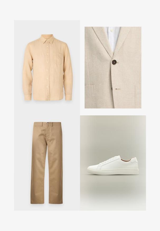 Beiger Fischgräten-Blazer, zugeknöpft über einem weißen Hemd mit sichtbaren cremefarbenen Knöpfen und Revers mit Kerbe.; Beige Leinenhemd mit langen Ärmeln, Button-Down-Kragen, Fronttasche und einer glatten, leicht strukturierten Oberfläche. Klassische Passform und schlichtes Design.; Tan-Chinos aus glattem Baumwollstoff, mit einem klassischen geraden Bein, Vorderseiten-Taschen und einer einzelnen Gesäßtasche.; Weißer Sneaker mit niedrigem Schaft, Schnürverschluss und flacher Sohle, seitlich auf neutralem Hintergrund gezeigt.