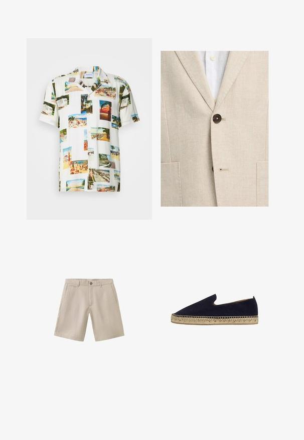 Beige fiskben blazer knappet over hvid skjorte med synlige cremeknapper og hakket revers.; Hvid kortærmet skjorte med et collage af fotografier af tropiske scener i forskellige farver. Letvægtsstof, knaplukning foran og afslappet pasform.; Beige herre knælange shorts med knap- og lynlås, bæltestropper samt sidelommer og baglommer, vist på hvid baggrund.; Marineblå ruskindsespadrille med mandelformet tå, jute mellemsål og slidserdesign. Glat tekstur med minimale syninger.