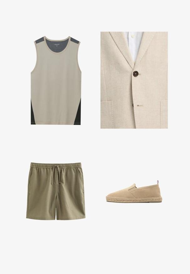 Beige fiskben blazer knappet over hvid skjorte med synlige cremeknapper og hakket revers.; Beige ærmeløs tanktop med mørkegrå skulderdetaljer og sorte sidelapper. Glat tekstur med en rund halsudskæring.; Olivengrønne herre-casual shorts med elastik i taljen og snor, med sidelommer på hvid baggrund.; Beige lærred slip-on espadrille med syet jute sål og lille stof trække-flig ved hælen, vist i sideprofil på hvid baggrund.