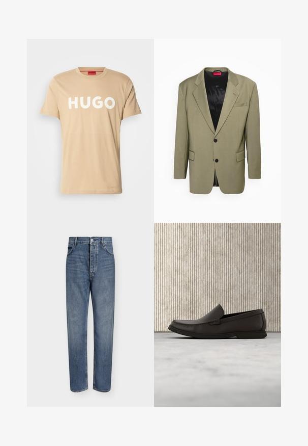 HUGO ULAN - Sako - open green; Béžové bavlnené tričko s okrúhlym výstrihom, krátkymi rukávmi a výrazným bielym logom "HUGO" na prednej strane. Hladká textúra, ležérny dizajn.; Modré riflové nohavice s rovnými nohavicami, vysokým pásom, zapínaním na gombíky vpredu a dizajnom s piatimi vreckami na jednoduchom svetlom pozadí.; Tmavohnedé kožené mokasíny s okrúhlou špičkou, jemným prešívaním a nízkou gumovou podrážkou. Hladká textúra s flexibilným strihom.