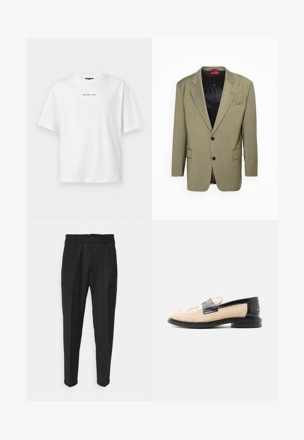 HUGO ULAN - Veste de costume - open green; T-shirt blanc à manches courtes avec col rond, avec un petit texte rouge "MICHAEL KORS" centré sur la poitrine.; Pantalons noirs en tissu texturé, dotés d'une fermeture à bouton, d'une taille élastique, de deux poches avant et de jambes fuselées.; Mocassin tissé beige avec bordure en cuir noir, bout arrondi, semelle noire et motif décoratif cousu sur la partie supérieure.