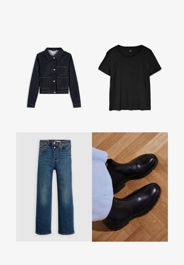 Chaqueta vaquera azul oscuro con mangas largas, cierre de botones delante, tres bolsillos delanteros y un pequeño logo de la marca en el bolsillo superior derecho.; Camiseta de manga corta negra fabricada en una tela suave. Presenta un cuello redondo clásico y un corte relajado con un dobladillo recto.; Pantalones vaqueros de mezclilla en azul oscuro con un corte relajado. Presentan un estilo de cinco bolsillos, cierre de botones y un sutil desgastado en los muslos.; Botas negras de tobillo hechas de cuero suave con paneles laterales elásticos, una suela de goma texturizada y costuras en contraste a lo largo del borde.