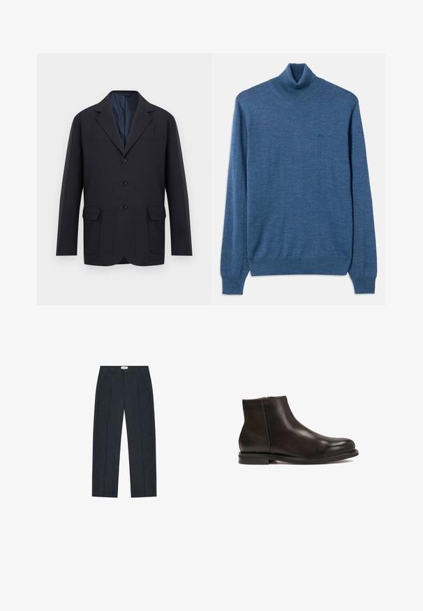 Blazer pour homme noir à simple boutonnage avec revers crantés, trois boutons sur le devant, deux poches à rabat en bas et une poche poitrine passepoilée, sur fond blanc.; Pull col montant bleu fabriqué en tissu doux. Il présente des poignets et un ourlet côtelés, avec un petit logo d'une teinte de bleu plus foncé sur la poitrine.; Pantalon sur mesure bleu marine foncé avec passants de ceinture, bouton sur le devant, fermeture éclair et poches latérales, présenté à plat sur fond blanc.; Bottine en cuir noir avec une texture lisse, bout arrondi et un petit talon. Dispose d'une fermeture éclair sur le côté pour un enfilage facile.
