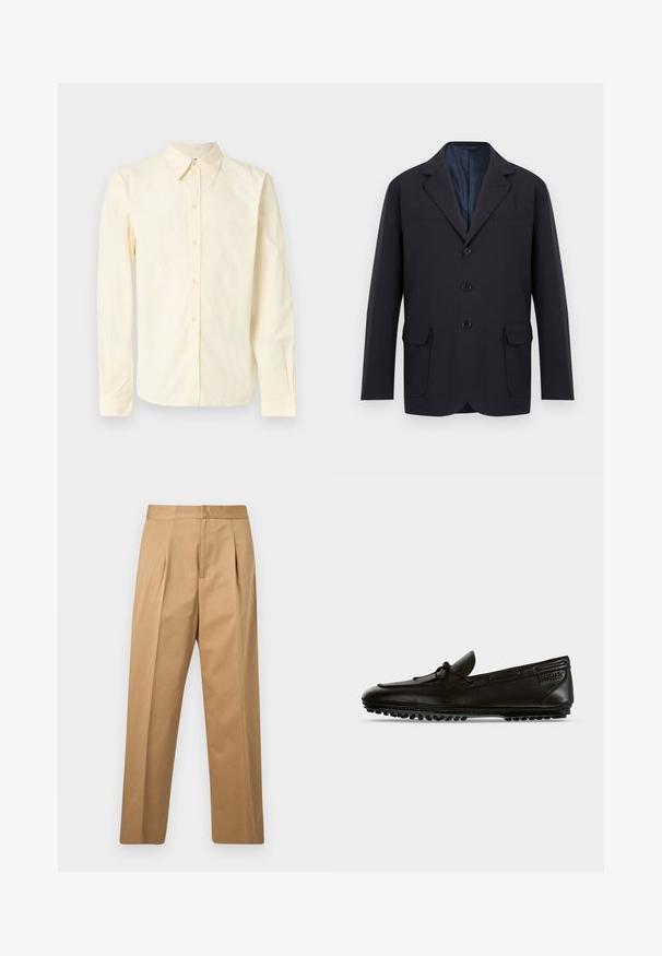 Blazer pour homme noir à simple boutonnage avec revers crantés, trois boutons sur le devant, deux poches à rabat en bas et une poche poitrine passepoilée, sur fond blanc.; Chemise à manches longues en coton doux de couleur jaune clair. Elle présente un col pointu, une fermeture à boutons à l'avant et un détail brodé subtil sur la poitrine.; Pantalon beige à jambes droites avec plis à l'avant, ceinture, et fermeture avant dissimulée, présenté sur un fond gris clair uni.; Mocassin de conduite en cuir noir avec un nœud sur le dessus et une semelle en caoutchouc à picots, présenté de côté sur un fond uni.