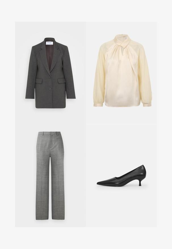 Grijze blazer met een getailleerde pasvorm, voorzien van gezakte revers, twee voorkruiszakken en twee knopen aan de voorkant. Gevoerde binnenkant in een donkere tint.; Roomkleurige blouse met lange mouwen, een hoge kraag, geplooide halslijn, keyhole uitsnijding en met knopen gesloten manchetten.; Grijze op maat gemaakte wijde broek met riemlussen en een voorvouw op een witte achtergrond, geschikt voor formele of kantoorkleding.; Zwarte leren hoge hak schoen met een spitse neus, gebogen ontwerp en een slanke 5 cm hak. Gladde textuur met minimale versieringen.