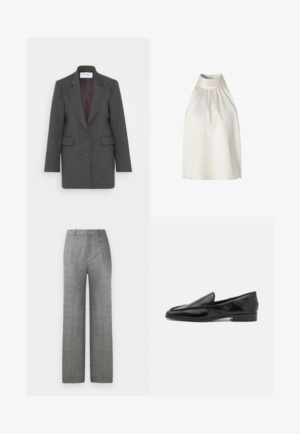 Grijze blazer met een getailleerde pasvorm, voorzien van gezakte revers, twee voorkruiszakken en twee knopen aan de voorkant. Gevoerde binnenkant in een donkere tint.; Halterneck top zonder mouwen van gladde crèmekleurige stof, met plooien aan de voorkant, een hoge kraag en een rechte zoom.; Grijze op maat gemaakte wijde broek met riemlussen en een voorvouw op een witte achtergrond, geschikt voor formele of kantoorkleding.; Zwarte leren instappers met een gladde afwerking, voorzien van een gestikt ontwerp langs de voorkant en een lage, vierkante hak.
