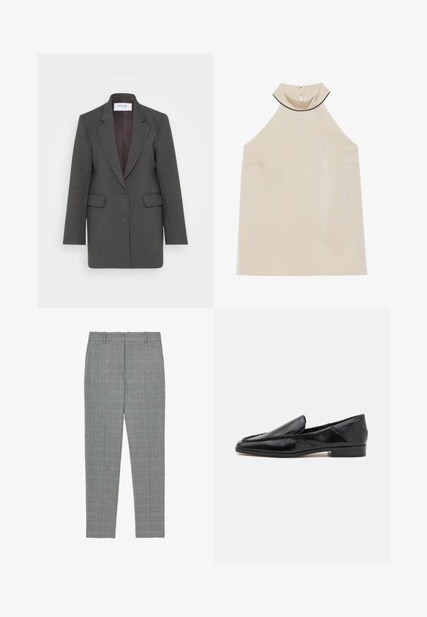 Grijze blazer met een getailleerde pasvorm, voorzien van gezakte revers, twee voorkruiszakken en twee knopen aan de voorkant. Gevoerde binnenkant in een donkere tint.; Beige mouwloze haltertop van gladde stof met een hoge kraag en een rits aan de achterkant, met een minimalistisch ontwerp en geen zichtbare patronen.; Grijze geruite tapered broeken met riemlussen en een platte voorkant, ontworpen voor een getailleerde pasvorm.; Zwarte leren instappers met een gladde afwerking, voorzien van een gestikt ontwerp langs de voorkant en een lage, vierkante hak.