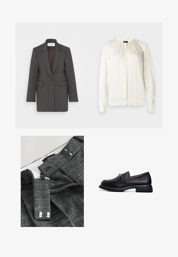 Grå blazer med en skræddersyet pasform, der har nøddeklapper, to forlommer og to knapper foran. Foret inderside i en mørkere nuance.; Langærmet bluse i off-white silke. Har en rund halsudskæring, bløde plisseringer ved skuldrene og knaplukninger ved ærmerne. Glat tekstur og minimalistisk design.; Grå teksturerede bukser har en knaplukning, lynlås og stofbæltestropper, med en hvid indvendig foring og markante stikninger.; Sort læder loafersko med rund tå, dekorativt guldsmykke og en robust gummisål med et struktureret grebmønster.