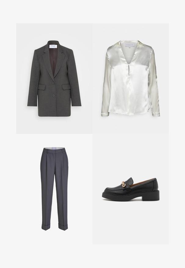 Grå blazer med en skræddersyet pasform, der har nøddeklapper, to forlommer og to knapper foran. Foret inderside i en mørkere nuance.; STUDIO ID ALYSSA - Bluse - champagne; Mørkegrå skræddersyede bukser med lige ben, plisseret for og opsmøgte manchetter. Lavet af glat stof med en klassisk talje.; Sort læderloafer med en kraftig platformsål, der har et guldbelagt kædeaccent og synlige sømdetaljer. Glat tekstur og strømlinet design.