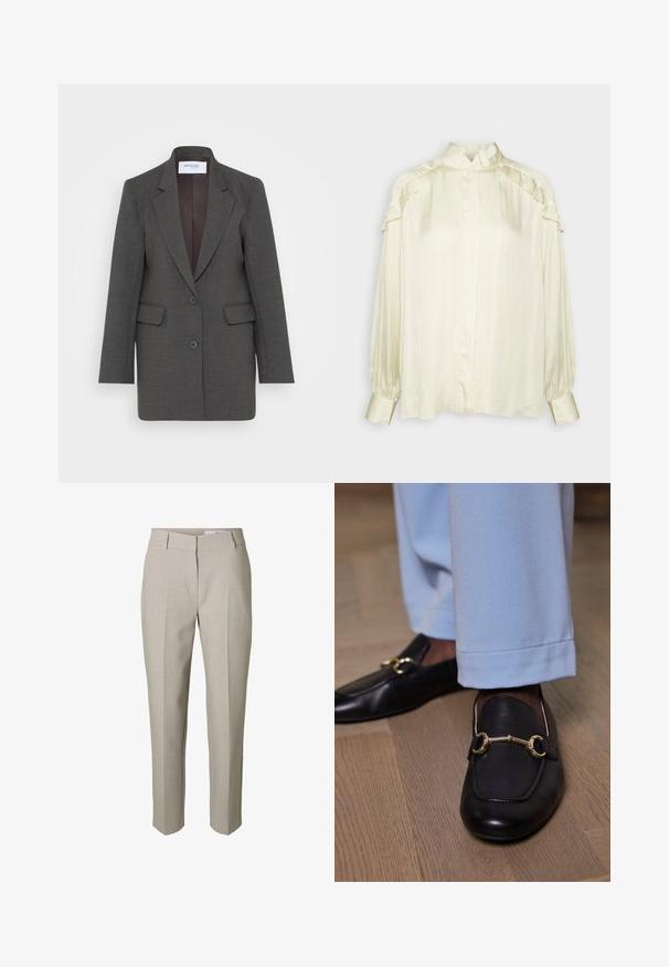 Grå blazer med en skræddersyet pasform, der har nøddeklapper, to forlommer og to knapper foran. Foret inderside i en mørkere nuance.; DAY Birger et Mikkelsen COURTNEY MODERN DRAPE - Skjortebluser - cloud cream; Beige skræddersyede bukser med bæltestropper, lynlås foran og pressede læg ned langs benene, vist mod en hvid baggrund.; Sorte læder loafers med guld metalbit detalje båret med lyseblå bukser på trægulv.