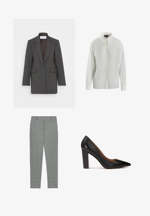 Grå blazer med en skræddersyet pasform, der har nøddeklapper, to forlommer og to knapper foran. Foret inderside i en mørkere nuance.; Luisa Spagnoli LIMONAIA - Skjortebluser - panna; Grå ternede tapered bukser med bæltestropper og flad front, designet til en skræddersyet pasform.; Sorte læder højhælede pumps med spids tå, tekstureret overflade og en kraftig blokhæl. Enkel design med en glat indvendig foring.