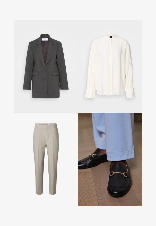 Blazer gris avec une coupe ajustée, doté de revers crantés, de deux poches avant et de deux boutons sur le devant. Doublure intérieure dans une teinte plus foncée.; Blouse à manches longues crème en tissu lisse ; col mao, patte de boutonnage à l'avant, poignets boutonnés et coupe décontractée.; Pantalon beige sur mesure avec passants pour ceinture, fermeture éclair avant et plis marqués sur les jambes, présenté sur fond blanc.; Mocassins en cuir noir avec un détail en métal doré portés avec un pantalon bleu clair sur un sol en bois.