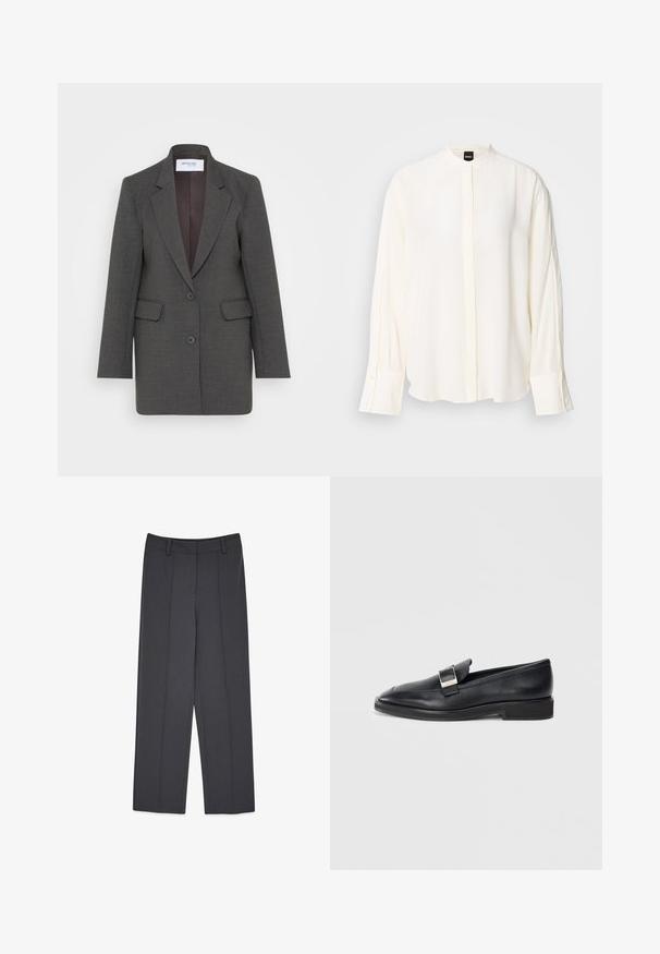 Blazer gris con un corte entallado, que presenta solapas muescas, dos bolsillos frontales y dos botones frontales. Interior forrado en un tono más oscuro.; Blusa de manga larga color crema hecha de tela suave; cuello mandarín, tapeta frontal, puños abotonados y un corte holgado.; Pantalones grises a medida con un diseño de pierna recta, que cuentan con pliegues prensados, una textura suave y presillas para cinturón. No hay bolsillos visibles.; Mocasín de cuero negro con una hebilla rectangular de plata en la parte superior y un tacón bajo sobre un fondo blanco.