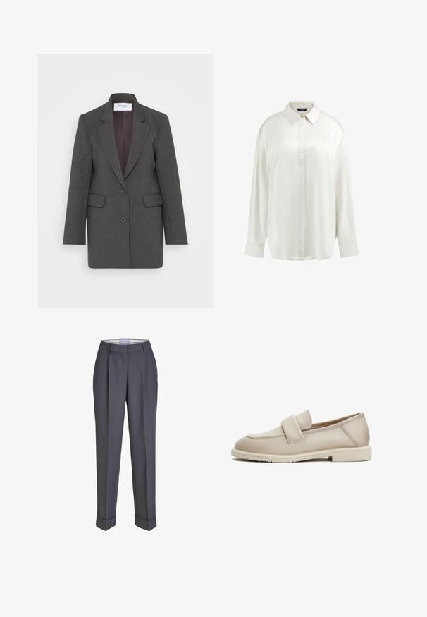 Grå blazer med en skræddersyet pasform, der har nøddeklapper, to forlommer og to knapper foran. Foret inderside i en mørkere nuance.; Hvid langærmet bluse med knapper, spids krave, enkelt synlig øverste knapp og løs pasform mod en ensfarvet baggrund.; Mørkegrå skræddersyede bukser med lige ben, plisseret for og opsmøgte manchetter. Lavet af glat stof med en klassisk talje.; Beige læder loafers med en jævn tekstur, der har et forhøjet bånd over forgabreren og en lav, flad gummisål.