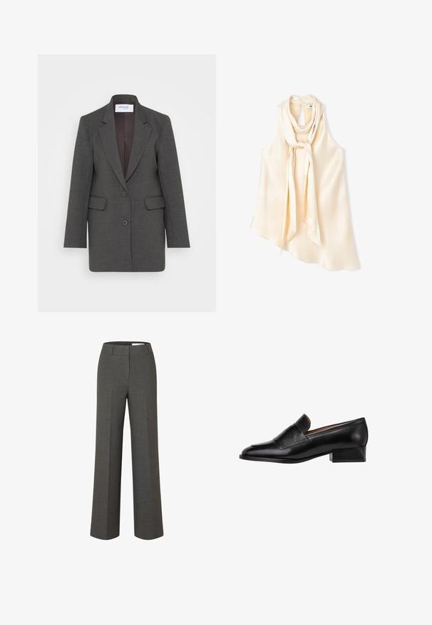 Blazer gris con un corte entallado, que presenta solapas muescas, dos bolsillos frontales y dos botones frontales. Interior forrado en un tono más oscuro.; Blusa sin mangas de satén color crema con bufanda larga adjunta, atada suelta en el cuello y bajo asimétrico sobre fondo blanco.; Pantalones anchos de pierna ancha de color gris oscuro a medida con pliegue frontal y cinturilla con presillas sobre fondo blanco.; Mocasín de cuero negro con un tacón bajo y cuadrado, con punta redondeada y un detalle de solapa frontal. Textura lisa con costuras mínimas.