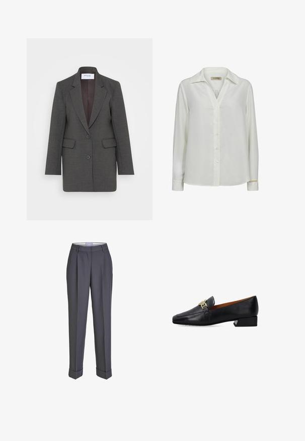 Grijze blazer met een getailleerde pasvorm, voorzien van gezakte revers, twee voorkruiszakken en twee knopen aan de voorkant. Gevoerde binnenkant in een donkere tint.; Witte blouse met lange mouwen gemaakt van gladde stof. Voorzien van een kraag, knoopsluiting en een logolabel op de linkermouwmanchet.; Donkergrijze op maat gemaakte broek met een recht gesneden ontwerp, geplooid voorpand en omslagmanchetten. Gemaakt van soepel materiaal, met een klassieke tailleband.; Zwarte leren platte loafer met een lage blokhak en een goudkleurige decoratieve gesp bovenop, gezien vanuit de zijkant op een witte achtergrond.