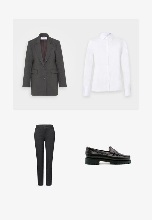 Blazer gris con un corte entallado, que presenta solapas muescas, dos bolsillos frontales y dos botones frontales. Interior forrado en un tono más oscuro.; Camisa blanca de manga larga con botones, cuello puntiagudo y silueta ajustada, mostrada sobre un fondo liso de color gris claro.; Pantalones negros a medida hechos de una tela texturizada, que presentan un frente plano, lazos para cinturón y un cierre de un solo botón en la cintura.; Mocasín de cuero negro con costuras decorativas y un ligero tacón. Presenta una suela de goma gruesa con ranuras para mayor tracción.