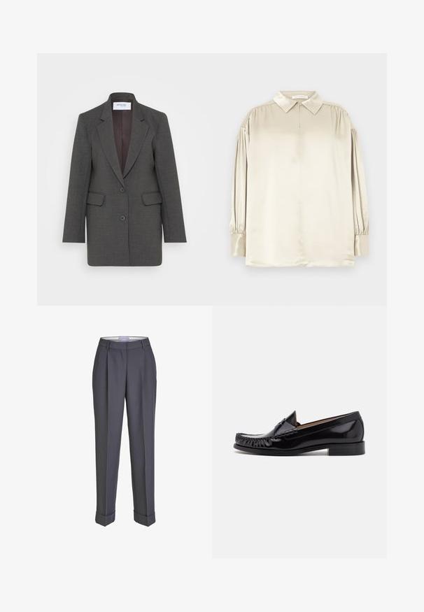 Grijze blazer met een getailleerde pasvorm, voorzien van gezakte revers, twee voorkruiszakken en twee knopen aan de voorkant. Gevoerde binnenkant in een donkere tint.; Beige satijnen blouse met lange mouwen, een spitse kraag, knoopmanchetten en subtiele plooien bij de schouders, plat neergelegd.; Donkergrijze op maat gemaakte broek met een recht gesneden ontwerp, geplooid voorpand en omslagmanchetten. Gemaakt van soepel materiaal, met een klassieke tailleband.; Zwarte leren mokassin met een glanzende afwerking, voorzien van franjes aan de voorkant en een lage gestapelde hak.
