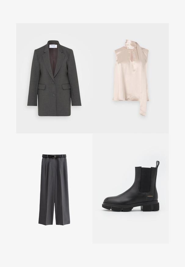 Grå blazer med en skræddersyet pasform, der har nøddeklapper, to forlommer og to knapper foran. Foret inderside i en mørkere nuance.; Satin ærmeløs top i lys pink med en nøglehul-halsudskæring og en fastgjort draperet tørklæde-detail på skulderen. Glat tekstur, minimalistisk design.; Grå brede bukser lavet af struktureret stof, med et sort bælte med en kvadratisk spænde og frontfolder. Lomme med enkel design er inkluderet.; Sorte læder ankelstøvle med elastiske sidepaneler og en kraftig mønstret sål. Har en pull tab og guld branddetalje. Mat finish.