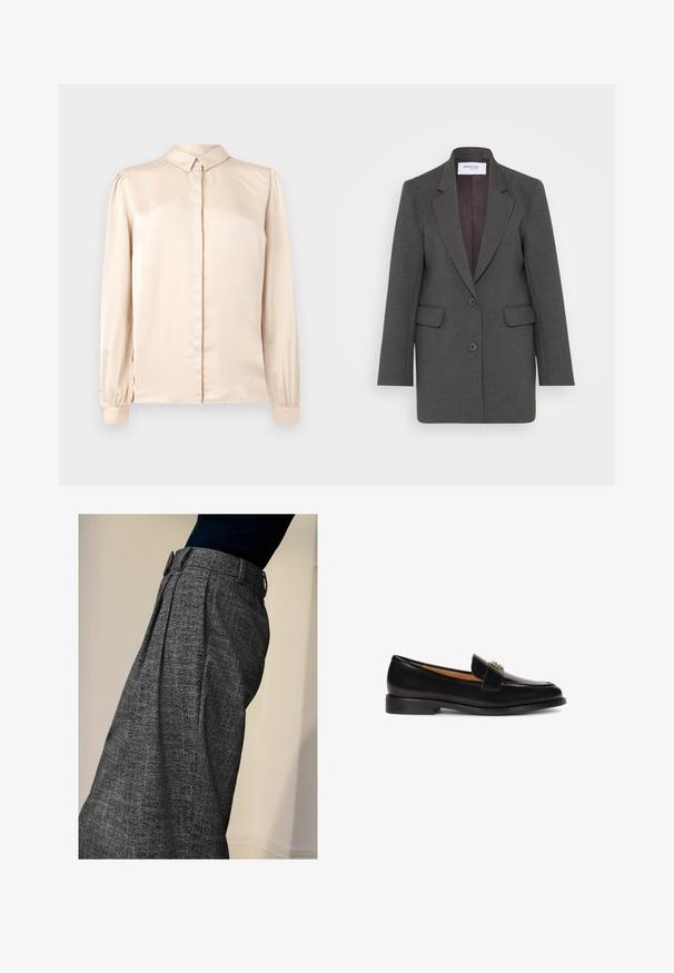 Grå blazer med en skræddersyet pasform, der har nøddeklapper, to forlommer og to knapper foran. Foret inderside i en mørkere nuance.; Beige satin skjorte med lange ærmer, knap- og krave, front placket og samlede puffærmer ved manchetterne. Glat, skinnende tekstur.; Person iført højtaljede grå strukturerede bukser med frontfolder og en sort top, vist fra siden mod en ensfarvet baggrund.; Sort skind loafer med en afrundet tå, slank silhuet og en dekorativ rem med metaldetalje på forsiden. Flad gummisål.