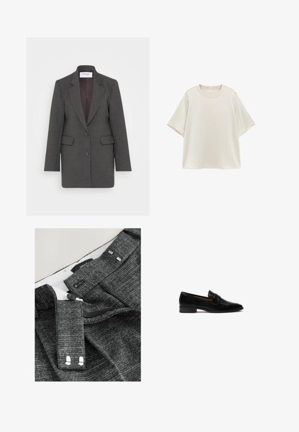 Grå blazer med en skræddersyet pasform, der har nøddeklapper, to forlommer og to knapper foran. Foret inderside i en mørkere nuance.; Enkelt lysebeige T-shirt med kortærmet rund hals og afslappet pasform, vist fladt på en hvid baggrund.; Grå strukturerede bukser med knaplukning, lynlås og ekstra kroge, samt sølvfarvede detaljer på taljen og indvendig foring.; Sorte læder loafers med flad hæl, der har en rektangulær rem over vampen og en glat, poleret overflade.