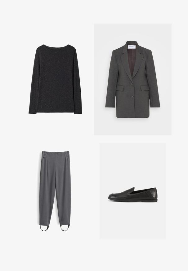 Grijze blazer met een getailleerde pasvorm, voorzien van gezakte revers, twee voorkruiszakken en twee knopen aan de voorkant. Gevoerde binnenkant in een donkere tint.; Donkergrijze trui met lange mouwen en ronde hals met een licht gemêleerde textuur, plat getoond op een witte achtergrond.; Op maat gemaakte grijze broek met zijzakken en zwarte beugels bevestigd aan de manchetten, weergegeven op een witte achtergrond.; Zwarte leren instapschoenen met een gladde afwerking, een afgeronde neus en een minimalistisch ontwerp. Voorzien van een lage, flexibele rubberen zool.