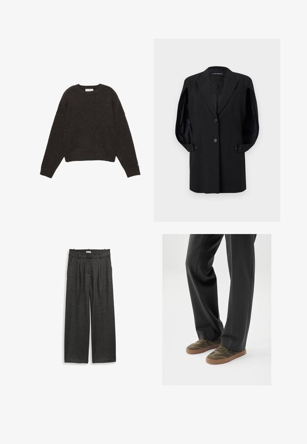 Blazer noir cintré avec revers crantés, deux boutons sur le devant, poignets de manche à boutons et une poche poitrine, présenté sur un fond blanc.; Pull gris foncé en maille avec col rond, manches longues, poignets et ourlet côtelés, posé à plat sur un fond blanc.; Pantalons larges en tissu gris foncé avec un éclat subtil, dotés de plis avant et d'une taille plate pour un aspect soigné.; Baskets en daim vert avec semelles en caoutchouc marron, dotées d'un design à lacets et de détails de couture courbes, assorties à un pantalon noir sur mesure.