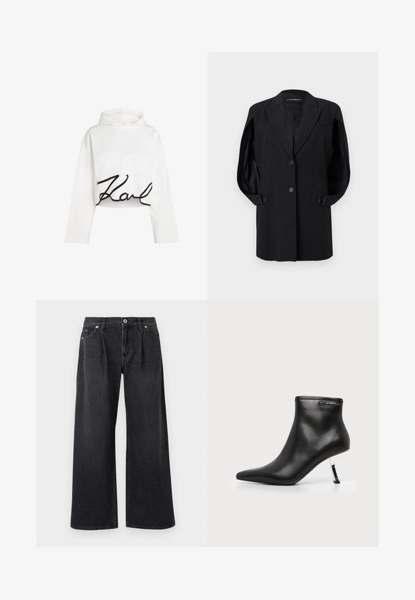 Zwarte op maat gemaakte blazer met ingesneden revers, twee knopen aan de voorkant, mouwboorden met knopen en een borstzak, weergegeven op een witte achtergrond.; Witte cropped hoodie van zacht materiaal met lange mouwen en een zwart scriptlogo aan de voorkant. Glad textuur met een ontspannen pasvorm.; Zwarte flare jeans van denim, met een knoopsluiting aan de voorkant, twee voorzakken en een nette afwerking zonder versieringen.; Zwarte leren enkellaars met een spitse neus en een glanzende zilveren naaldhak op een witte achtergrond.