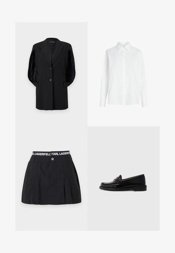 Zwarte op maat gemaakte blazer met ingesneden revers, twee knopen aan de voorkant, mouwboorden met knopen en een borstzak, weergegeven op een witte achtergrond.; Wit overhemd met lange mouwen, gemaakt van katoen, met een puntkraag en een rechte snit, voorzien van een knoopsluiting aan de voorkant zonder zichtbare patronen.; Zwarte plissérok met een brede elastische tailleband met witte "KARL LAGERFELD" tekst; voorzien van een knoopsluiting aan de voorkant en een gladde textuur.; Zwarte leren instappers met een moccasinontwerp, voorzien van een gestikte teendetail en een klein metalen accent aan de zijkant. Platte rubberen zool.