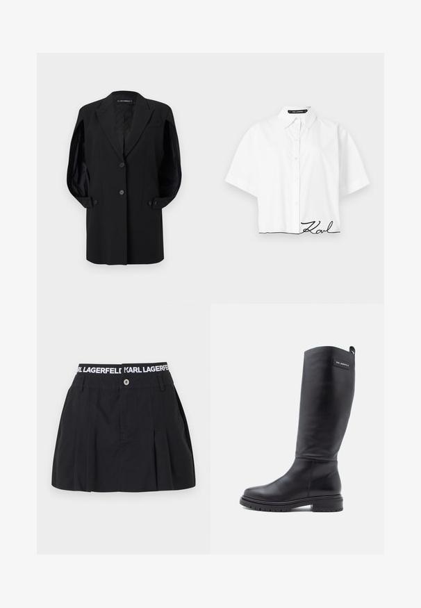 Blazer negro a medida con solapas de muesca, dos botones frontales, puños con botones y un bolsillo en el pecho, presentado sobre un fondo blanco.; Camisa blanca de manga corta con botones y cuello, con la firma negra "Karl" bordada cerca del dobladillo inferior sobre un fondo liso.; Falda negra plisada con una amplia cinturilla elástica que lleva el texto blanco "KARL LAGERFELD"; incluye un cierre frontal de botones y textura suave.; Bota negra alta de cuero con tacón bajo cuadrado, suela de gran relieve y una pequeña etiqueta rectangular cerca de la parte superior que muestra el nombre de la marca.