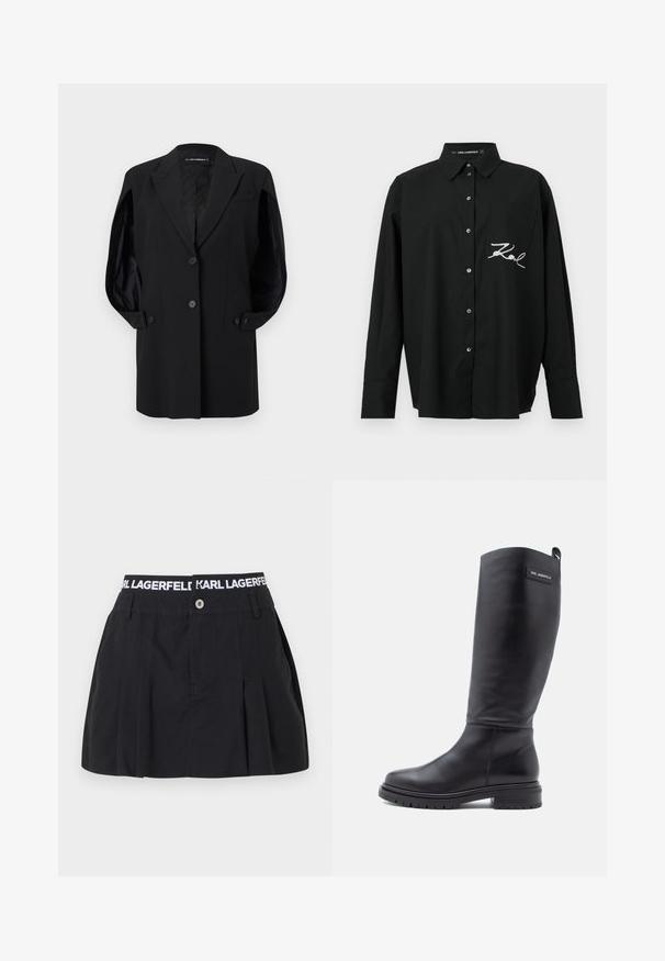 Blazer negro a medida con solapas de muesca, dos botones frontales, puños con botones y un bolsillo en el pecho, presentado sobre un fondo blanco.; Camisa negra de botones con mangas largas, un bolsillo en el pecho y un logotipo bordado en blanco en el lado izquierdo, hecha de una tela suave.; Falda negra plisada con una amplia cinturilla elástica que lleva el texto blanco "KARL LAGERFELD"; incluye un cierre frontal de botones y textura suave.; Bota negra alta de cuero con tacón bajo cuadrado, suela de gran relieve y una pequeña etiqueta rectangular cerca de la parte superior que muestra el nombre de la marca.