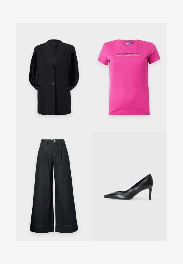 Blazer negro a medida con solapas de muesca, dos botones frontales, puños con botones y un bolsillo en el pecho, presentado sobre un fondo blanco.; Camiseta de algodón rosa con escote redondo, manga corta y un diseño de logo impreso en negro en la parte delantera, que presenta un diseño elegante y moderno.; Pantalones de mezclilla negros de pierna ancha con cintura alta, que presentan pliegues frontales, un cierre de botón y costuras en contraste en los dobladillos.; Zapato de tacón negro de cuero con punta afilada y un tacón delgado, textura suave y sin adornos visibles. Diseño limpio con una estética minimalista.
