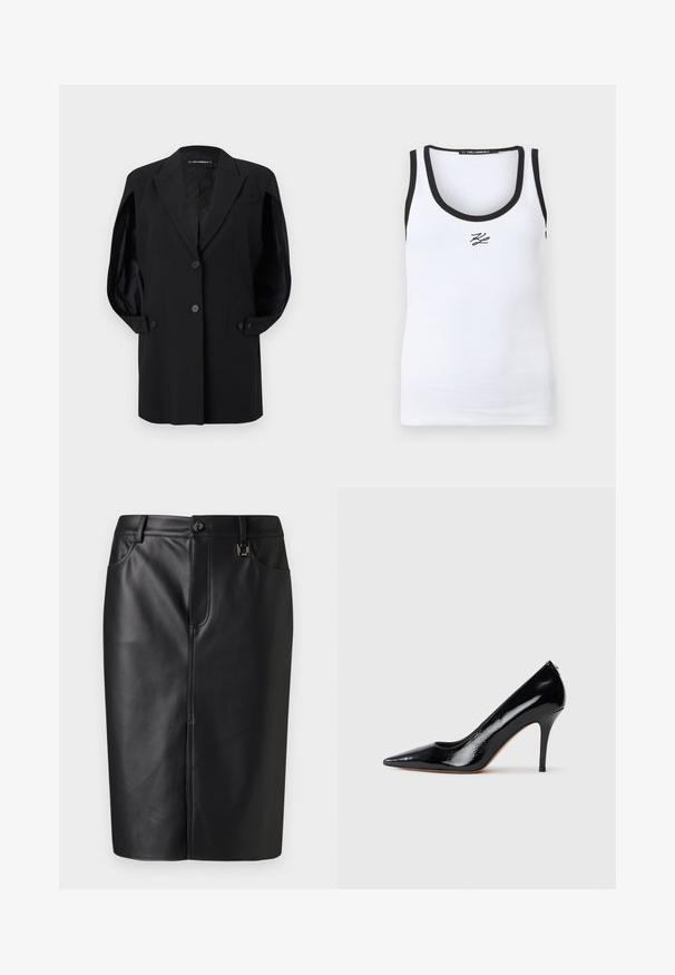 Blazer negro a medida con solapas de muesca, dos botones frontales, puños con botones y un bolsillo en el pecho, presentado sobre un fondo blanco.; Camiseta sin mangas blanca acanalada con ribete negro en el escote y las sisas, con un pequeño logo negro "KL" centrado debajo del escote.; Falda lápiz negra de cuero con una textura suave, abertura frontal, bolsillos laterales y un cierre de botón en la cintura. Diseño minimalista.; Zapato de salón de charol negro con tacón alto y punta afilada, con textura suave y tacón de aguja delgado. Sin herrajes visibles.