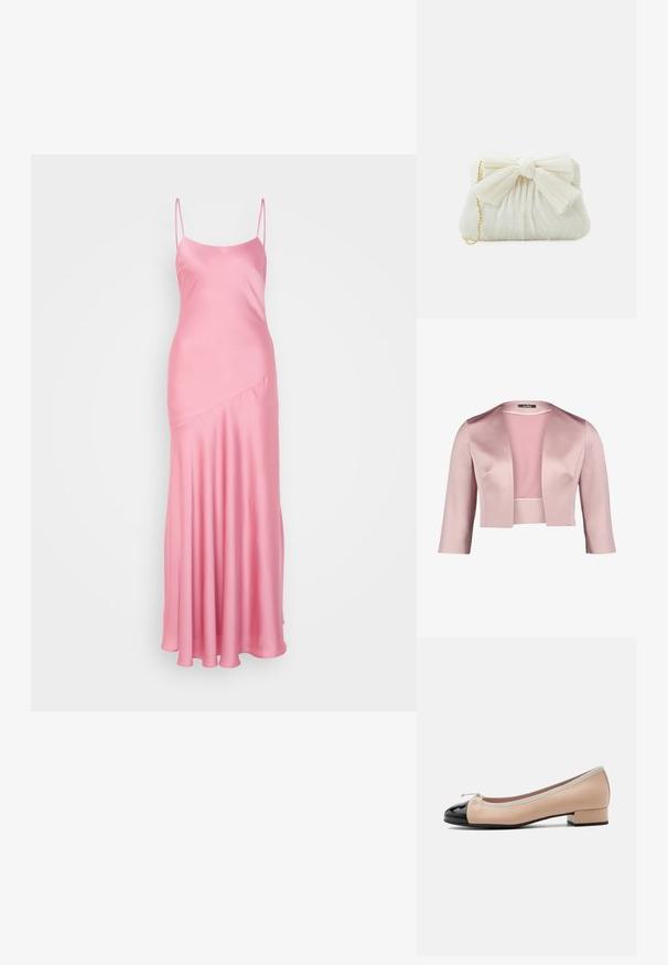 Veste courte en satin rose lisse avec des manches trois-quarts et un col châle. Elle présente un design simple et sans embellissements.; Robe maxi en satin rose avec de fines bretelles spaghetti, une légère brillance et un détail de couture en diagonale à l'avant, descendant vers un ourlet évasé.; Ballerine femme à petit talon avec dessus en cuir beige, bout verni noir, bordure beige et petit nœud sur le dessus.; Sac à main plissé blanc avec un nœud proéminent et une chaîne dorée. Texture douce avec un design froncé à l'avant.