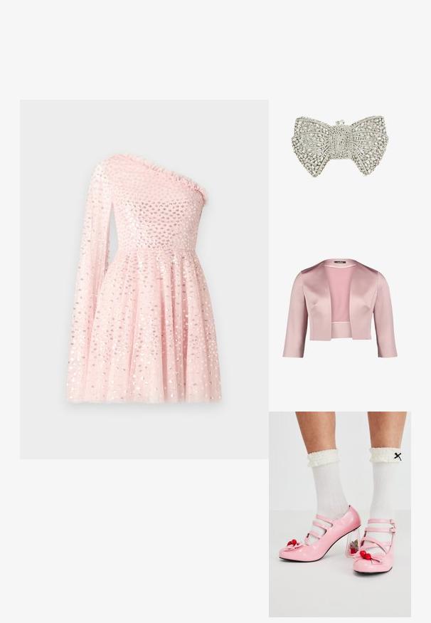 Veste courte en satin rose lisse avec des manches trois-quarts et un col châle. Elle présente un design simple et sans embellissements.; Robe rose à une épaule avec une longue manche transparente, décorée de paillettes, avec un col froncé et une jupe évasée.; Talons hauts en cuir verni rose avec un bout arrondi, trois brides et des embellissements en cerise. Le talon bloc transparent présente des accents floraux. Chaussettes blanches à côtes.; Pochette argentée en forme de nœud ornée de cristaux transparents sur fond blanc.
