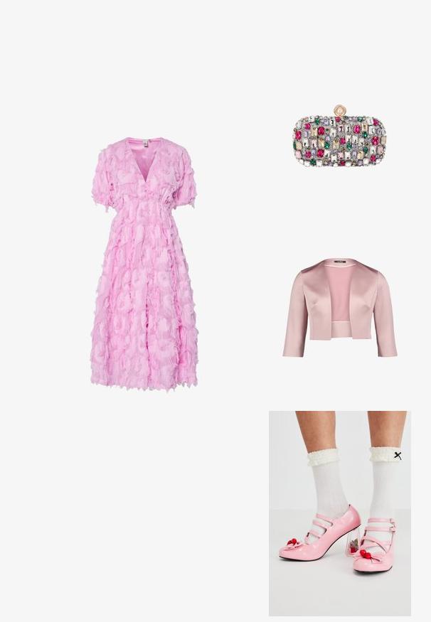 Kariertes Jackett aus glattem, rosa Satin mit Dreiviertelärmeln und einem Schalkragen. Verfügt über ein schlichtes, ungeschmücktes Design.; Rotes Kleid mit V-Ausschnitt, kurzen Puffärmeln und einem gestuften Design mit strukturiertem, gerafftem Stoff über die gesamte Länge.; Rosa Lacklederabsätze mit abgerundetem Zeh, drei Riemen und Kirschverzierungen. Transparenter Blockabsatz mit floralen Akzenten. Weiße gerippte Socken.; Rechteckige Clutch, bedeckt mit mehrfarbigen rechteckigen und runden Edelsteinen, mit einem runden Perlenverschluss oben.