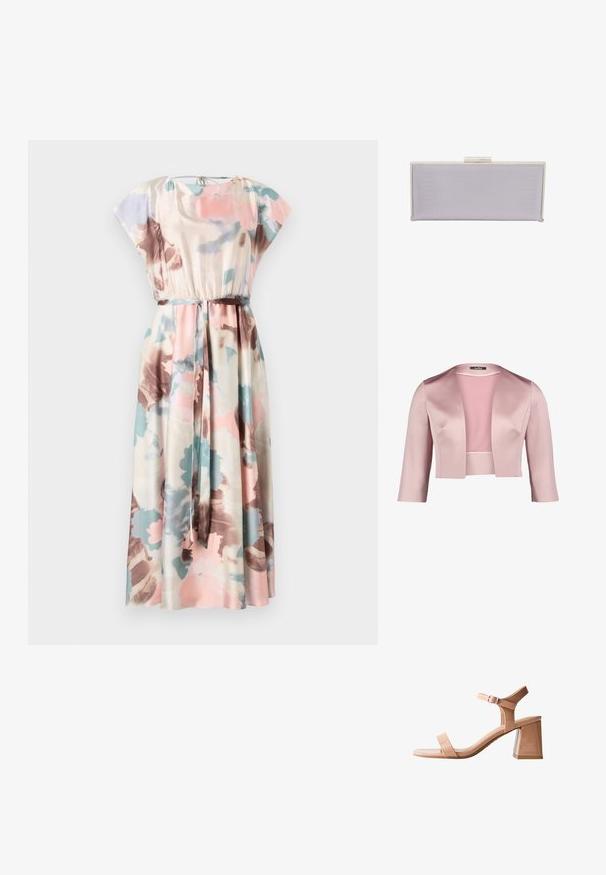 Kort jakke lavet af glat lyserød satin med trekvartærmer og sjalkrave. Har et enkelt, uprydet design.; Maxi kjole med korte cap ærmer, blomster mønstre i pink, blå og brun på creme farvet stof, med en elastisk liv og matchende bælte.; Beige patenterede lædersandaler med hæl, firkantet tå, justerbar ankelstrop og en grov blokhælhæl. Glat overflade med minimal detaljering.; Rektangulær lavendel clutch lavet af tekstureret materiale med glatte kanter. Har en sølv spænde lukning på toppen.