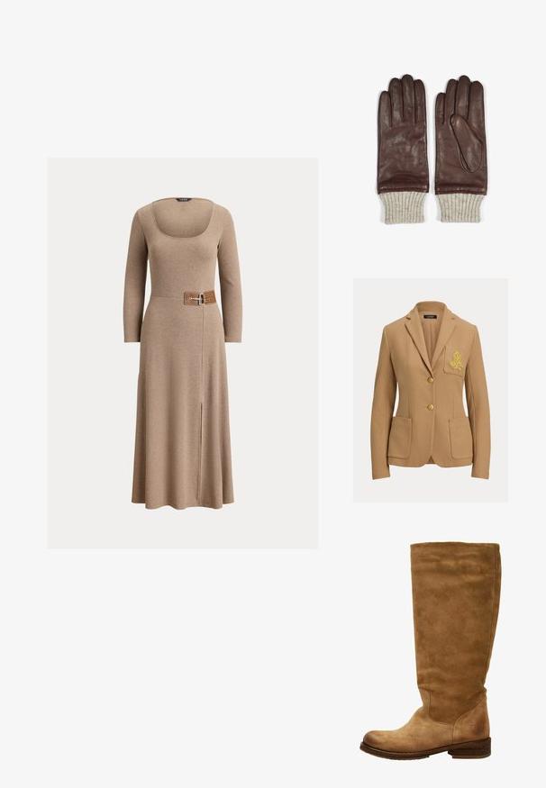 Beige blazer med struktureret stof, to guldbelagte knapper og en brystlomme med et broderet logo i guld. Indeholder to forlommer.; Brun langærmet kjole med firkantet udskæring og en bælte i taljen, prydet med en metalspænde. Stoffet er blødt med en let glans og har en sideslids.; Brune ruskinds knæhøje støvler med rund tå og lav blokhæl. Glat overflade, minimal syning, og et logodetail nær hælen.; Brune læderhandsker med en glat tekstur, prydet med ribbede beige strikkede manchetter. Stilfuld syning og en spids fingerdesign.