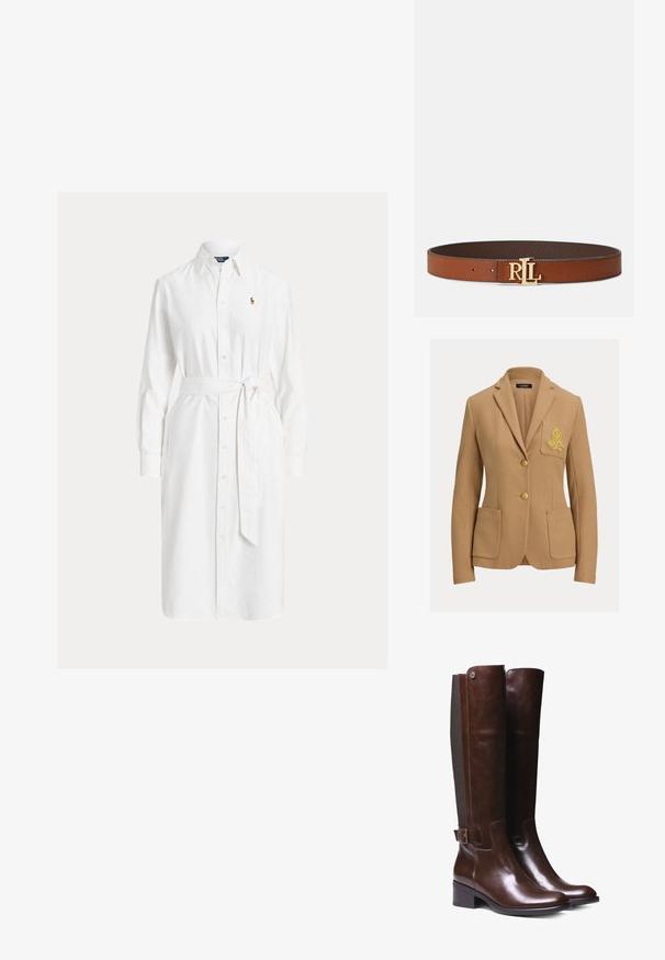 Beige blazer med struktureret stof, to guldbelagte knapper og en brystlomme med et broderet logo i guld. Indeholder to forlommer.; Hvid skjortekjole med lange ærmer, krave, bælte i taljen og lille broderet logo på venstre bryst.; Brune læderknæhøje støvler med glat finish, kontrasterende stofpanel, ankelspænde detalje og lav blokhæl.; Brun læderbælte med en struktureret overflade, en guldtonet "RL" spænde og en kontrastfyldt indvendig mørkebrun foring. Justerbart med huller.
