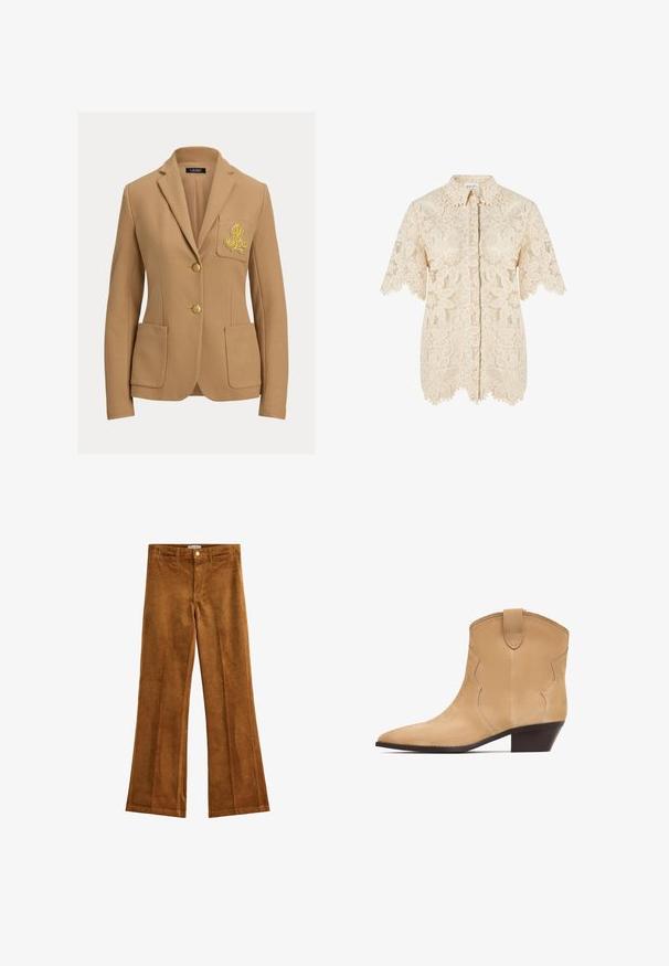 Beige blazer med struktureret stof, to guldbelagte knapper og en brystlomme med et broderet logo i guld. Indeholder to forlommer.; Kremfarvet bluse med korte ærmer i blonder med blomstermønstre, bølgede kanter, knapper foran og klassisk krave.; Brune fløjl flared bukser med en tekstureret finish, fem lommer og knaplukning. Flad talje med bæltestropper og et bred ben design.; Beige ruskinds ankelstøvle med spids tå og subtil bølget detaljering, med en lav træsko hæl og en pull-tab bagpå.
