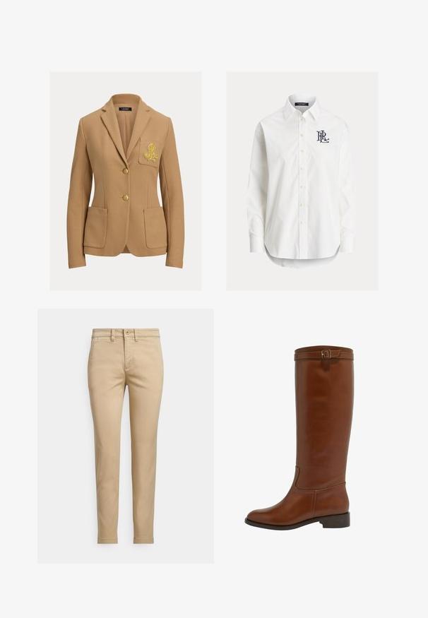 Beige blazer med struktureret stof, to guldbelagte knapper og en brystlomme med et broderet logo i guld. Indeholder to forlommer.; Hvid langærmet skjorte med knapper og spidser krave samt sort broderet logo på venstre bryst.; Beige bomuldschinos med lige pasform, der har knaplukning, forlommer og syningsdetaljer langs sømmene.; Brune læder knæhøje støvler med rund tå, let hæl og dekorativ rem med spænde øverst. Glat tekstur og stilrent design.